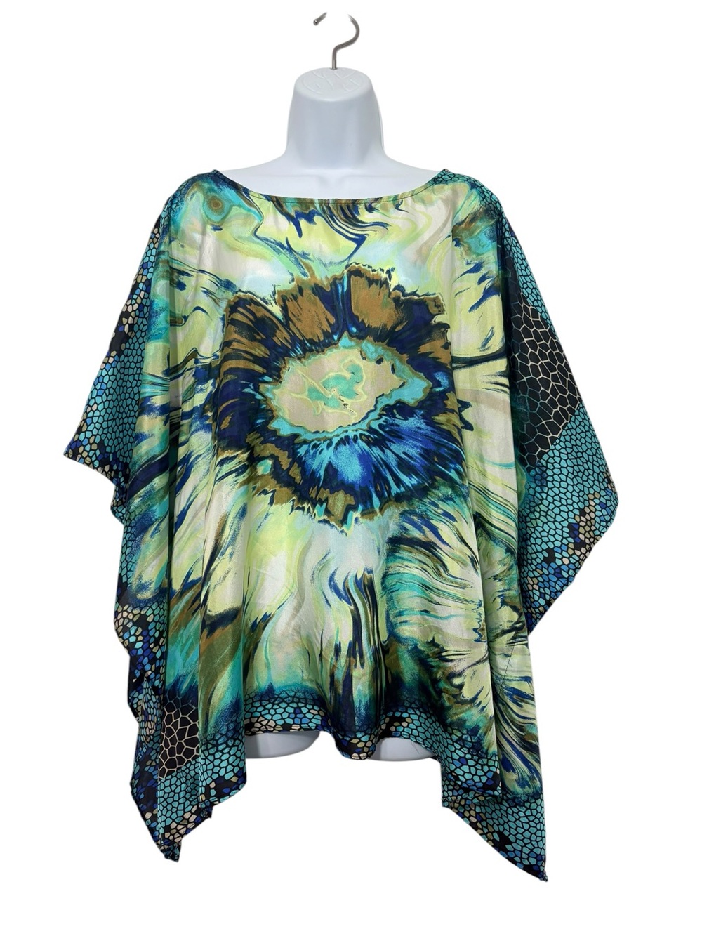 Chico’s 100% Silk Abstract Print Poncho Tunic Top M/L Blue Green Boho Art Wear